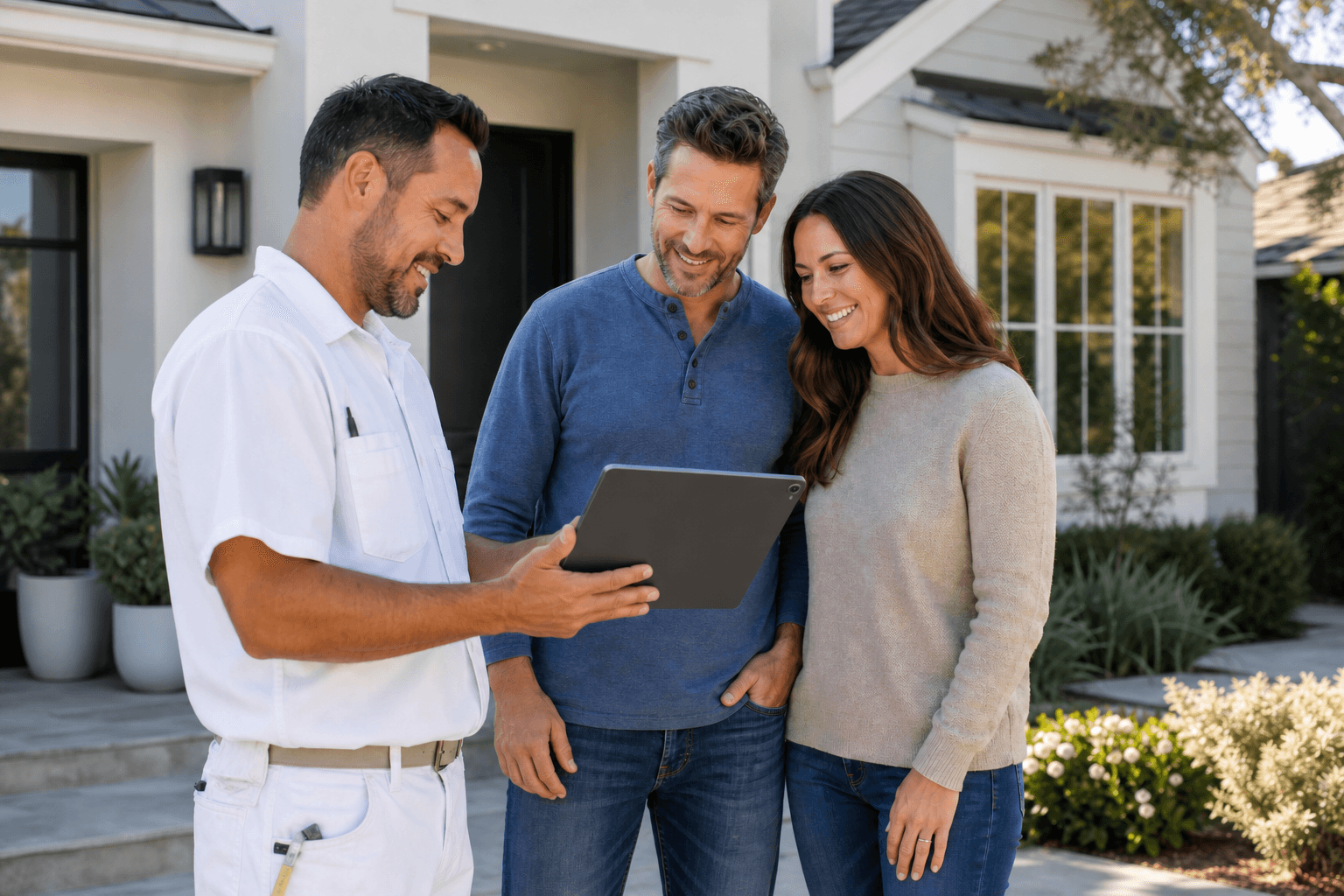 Painter presenting an estimate to a couple outside their home