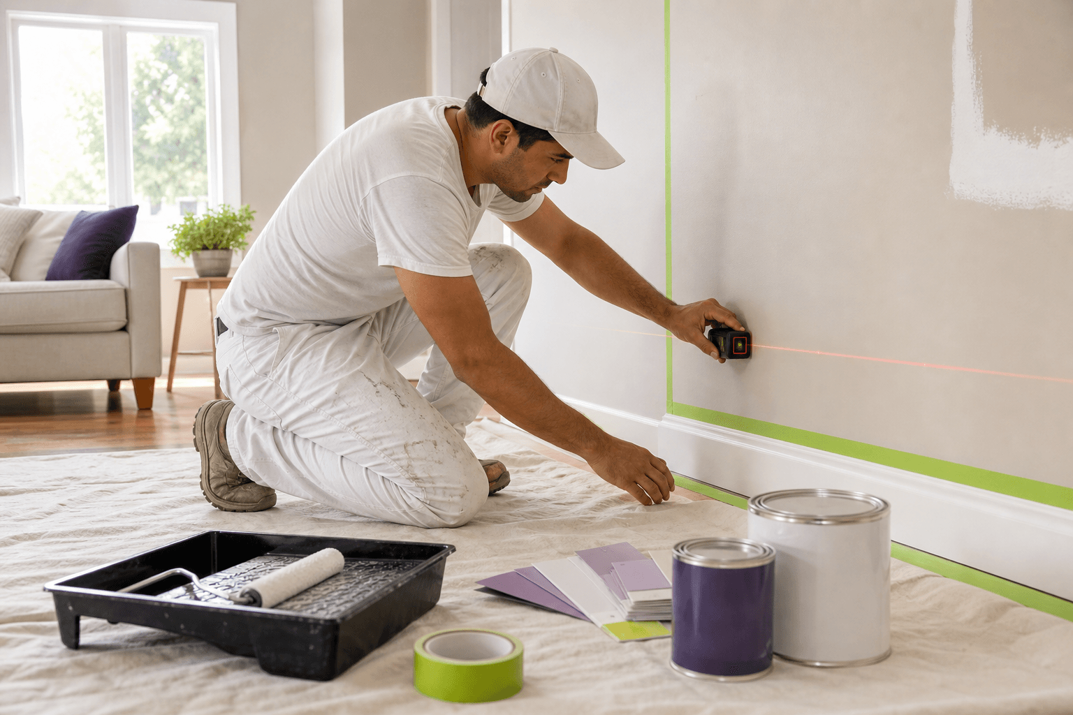 Painter preparing a room and measuring a wall